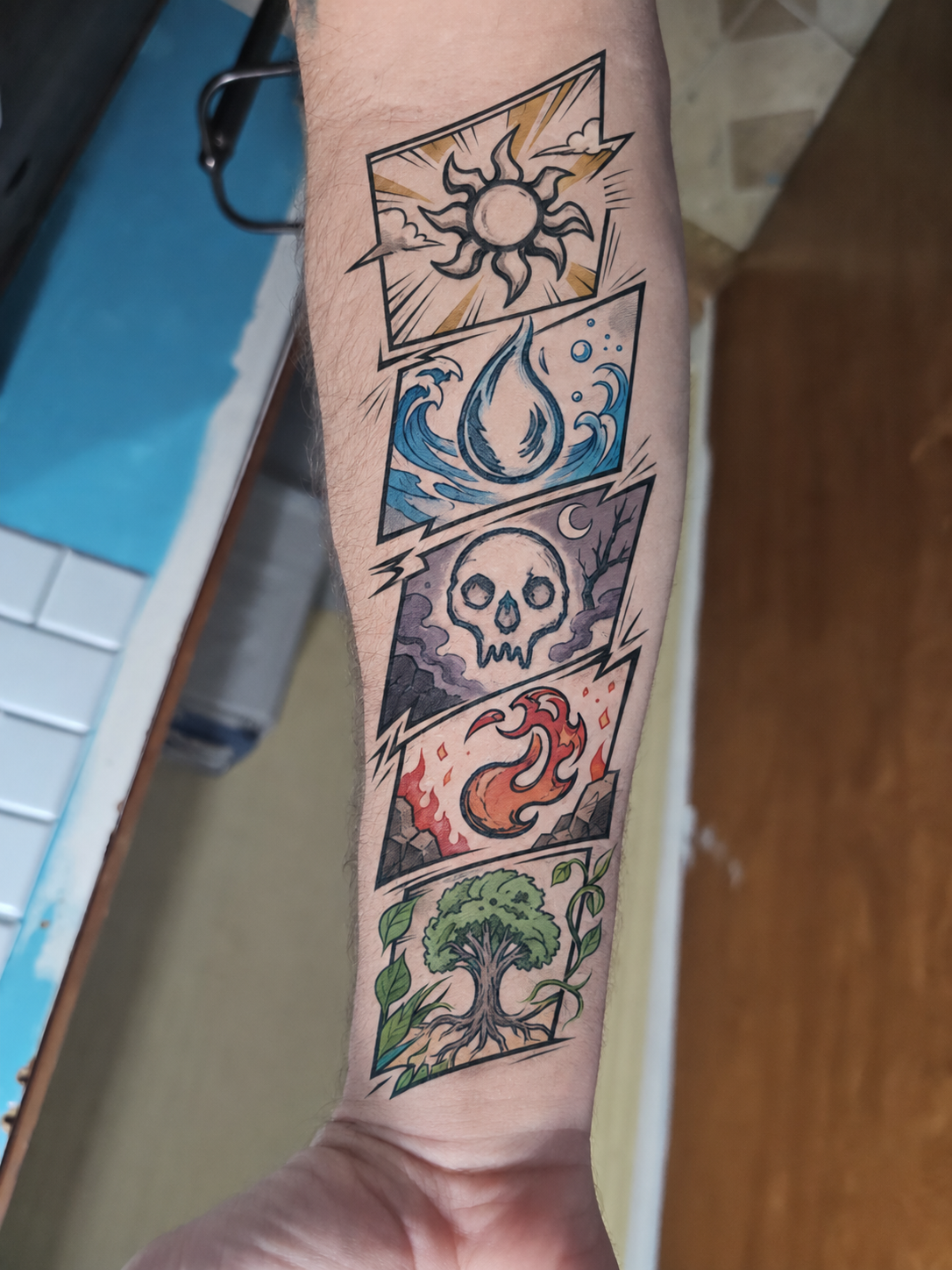 Anime-style tattoo panel composition on an arm